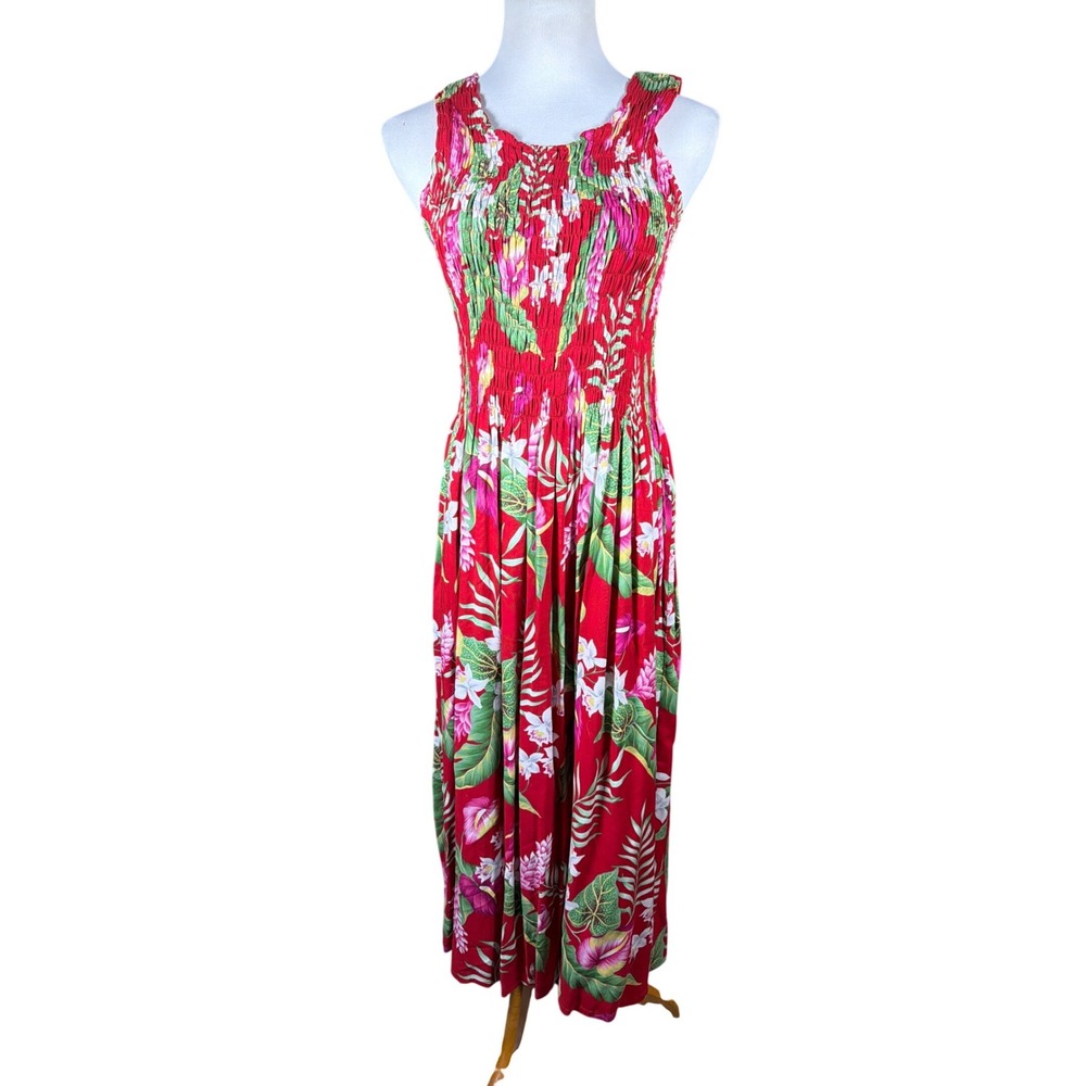 Aloha Hut Hawaii Red Tropical Floral Smocked Maxi Dress One Size Sleeveless